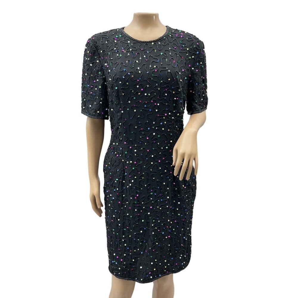 80s‎ Stenay Vintage Silk Black Sequin Beaded Short Sleeve Dress Keyhole Back P12